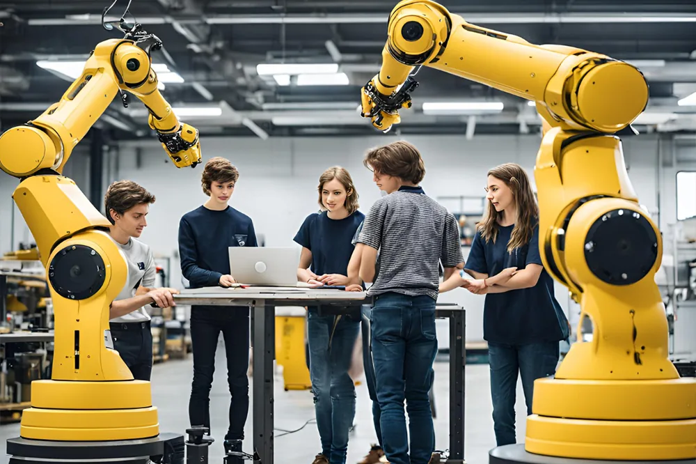 Engineering students learning industrial robotics around a robot cell